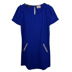 Maison Scotch Dress S Womens Blue Shift Short Sleeves Pockets Polyester Mini